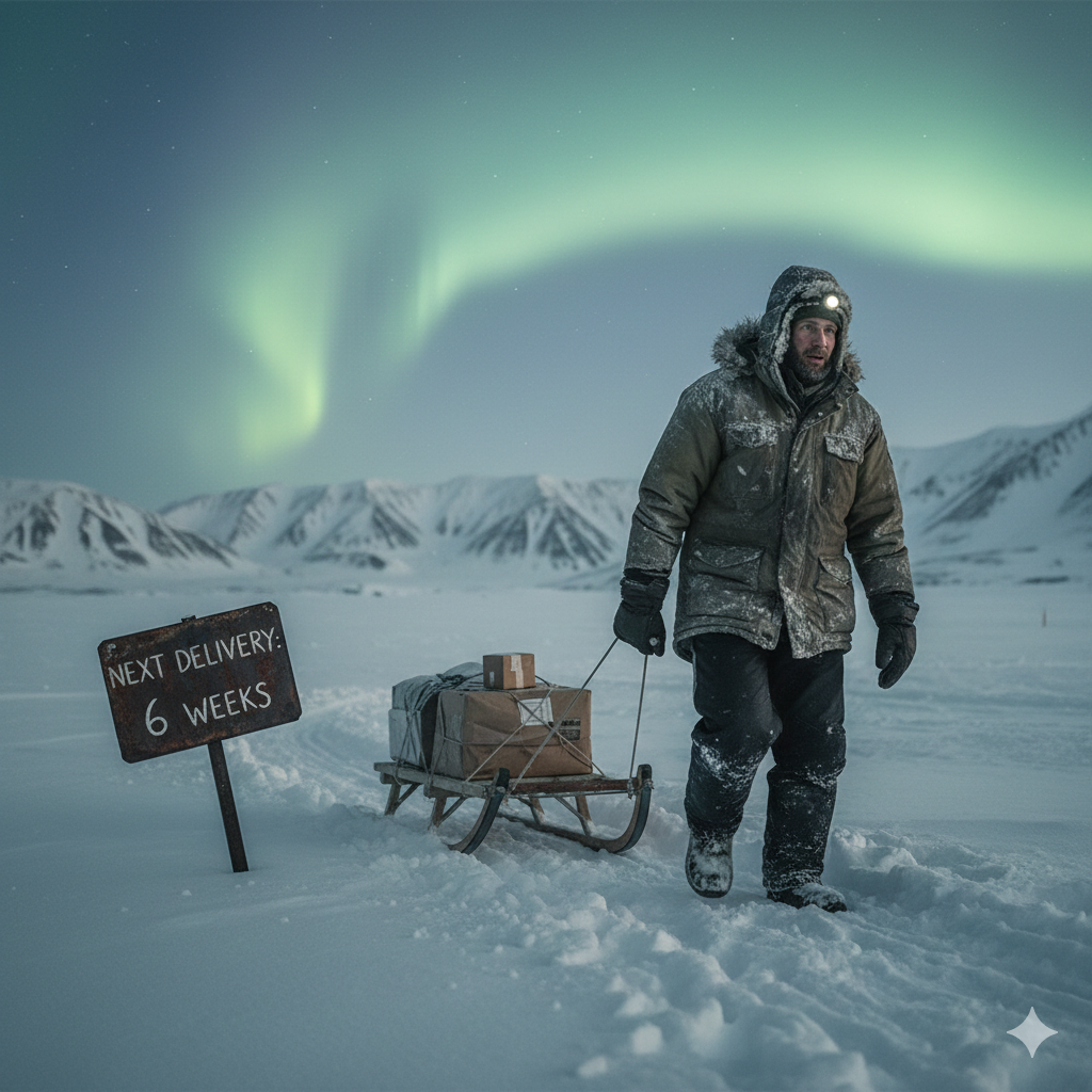 man pulling sled in snow with norther lights in sky